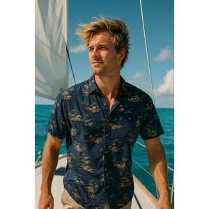 Pierre Cardin Hawaiian Shirt Tropical Island‎ Print Button Up XL